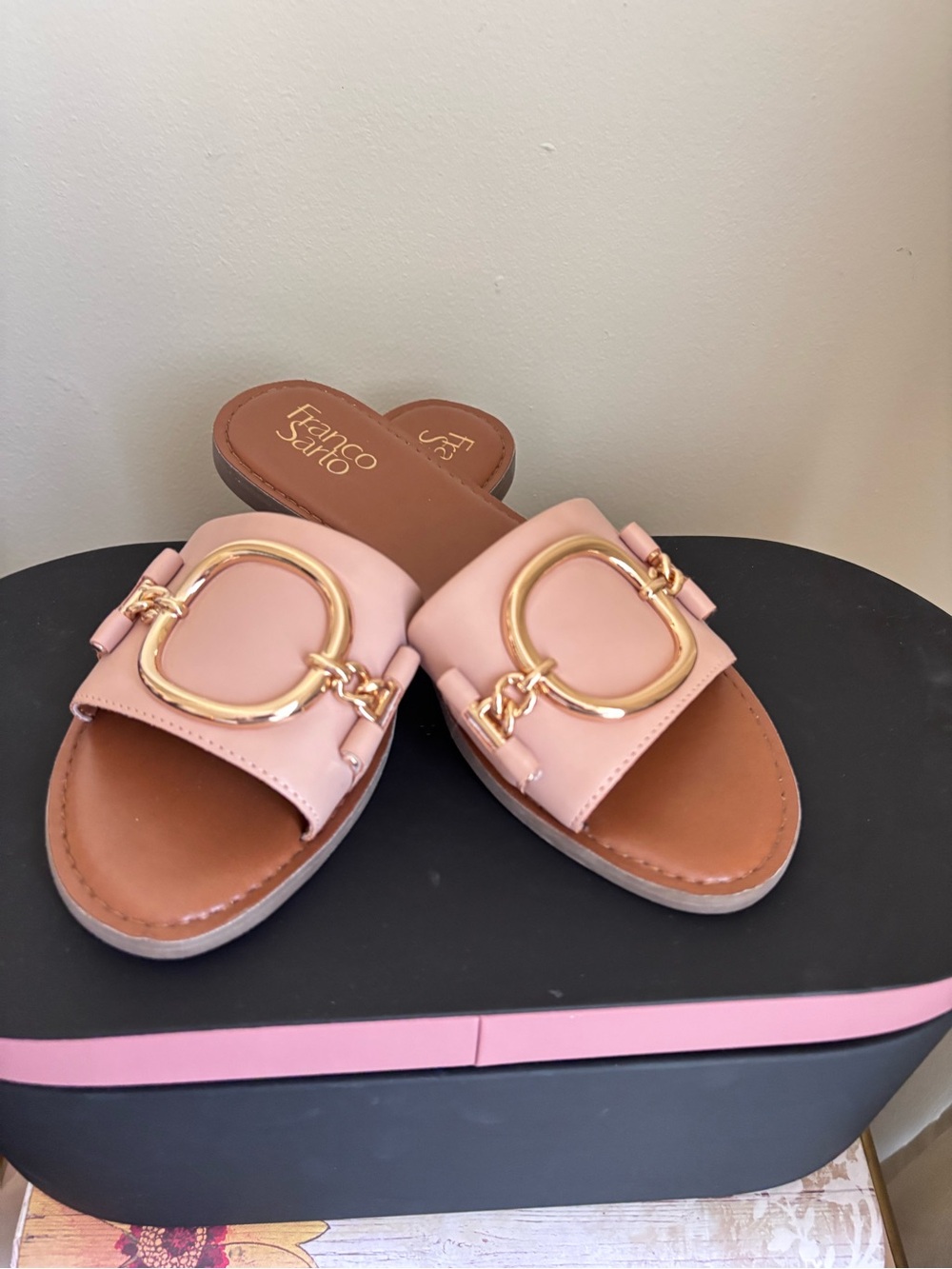 Franco Sarto Brown Slide Sandal with Gold Logo